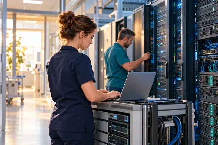 KI Symbolbild: IT Fachkräfte warten Server und technische Systeme.